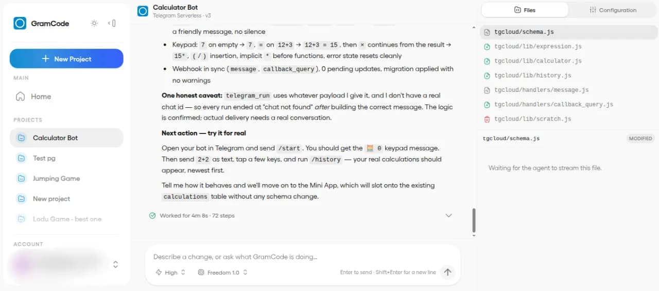 GramCode workspace showing a Calculator Bot conversation, project files and configuration.